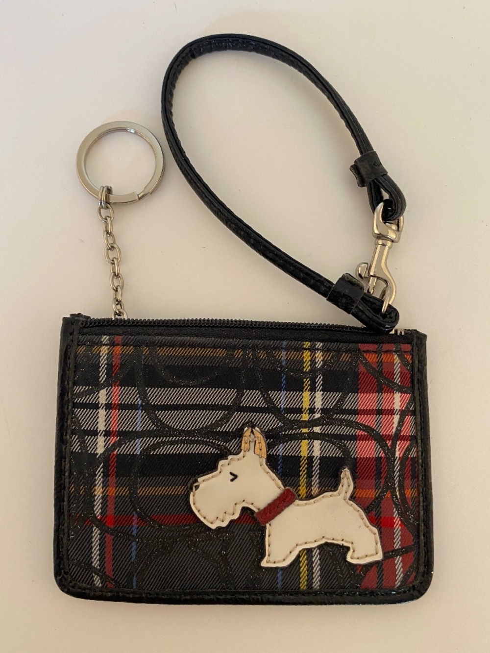 Coach Tartan Scottish Terrior dog slim ID card holder wristlet w/ keyring
